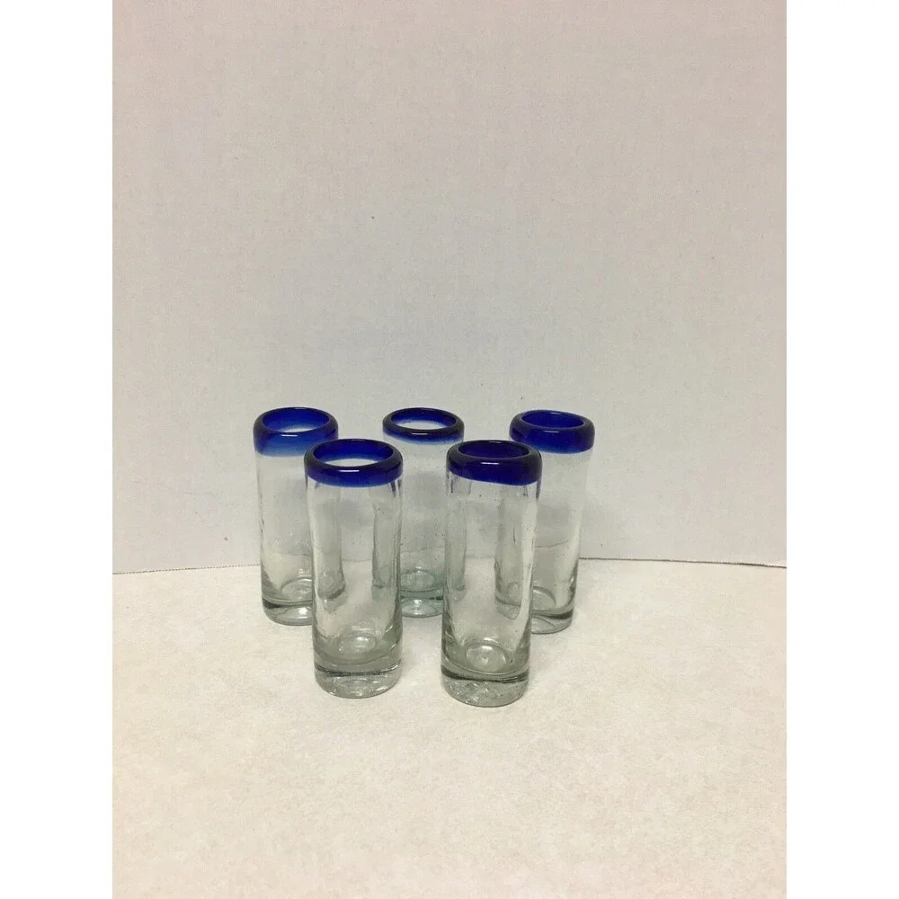 5 Mexican  Hand Blown Cobalt Blue Rim Tequila Shot Glasses Liquor
